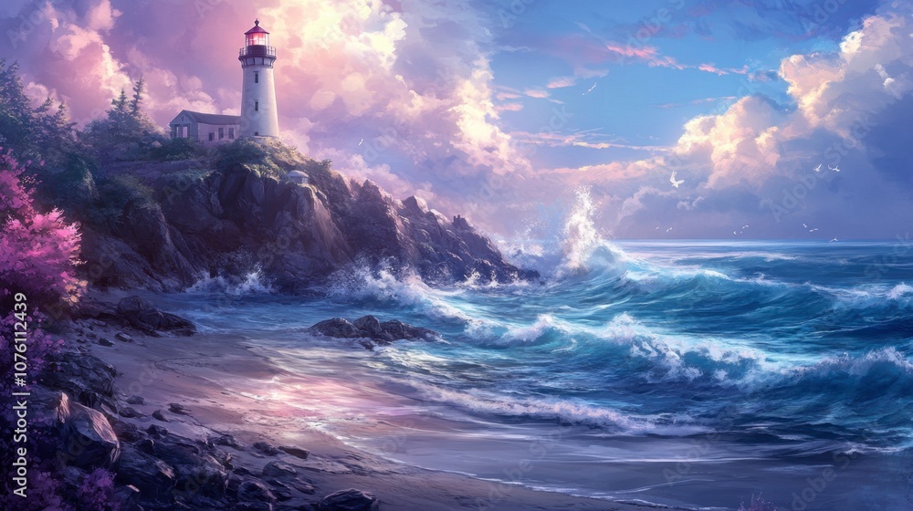 Serene Lighthouse by the Vibrant Ocean Waves Serene Lighthouse by the Vibrant Ocean Waves