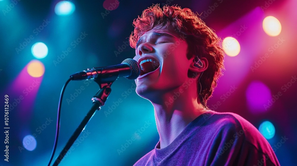 Close-Up of a Passionate Singer Performing Under Colorful Stage Lights, Capturing Emotion and Energy in a Live Music Setting Close-Up of a Passionate Singer Performing Under Colorful Stage Lights, Capturing Emotion and Energy in a Live Music Setting