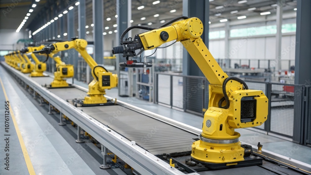 Advanced Robotic Assembly Line with Yellow Robots in Modern Manufacturing Technology, Automation, and Precision Engineering Advanced Robotic Assembly Line with Yellow Robots in Modern Manufacturing Technology, Automation, and Precision Engineering
