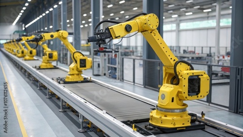 Advanced Robotic Assembly Line with Yellow Robots in Modern Manufacturing Technology, Automation, and Precision Engineering