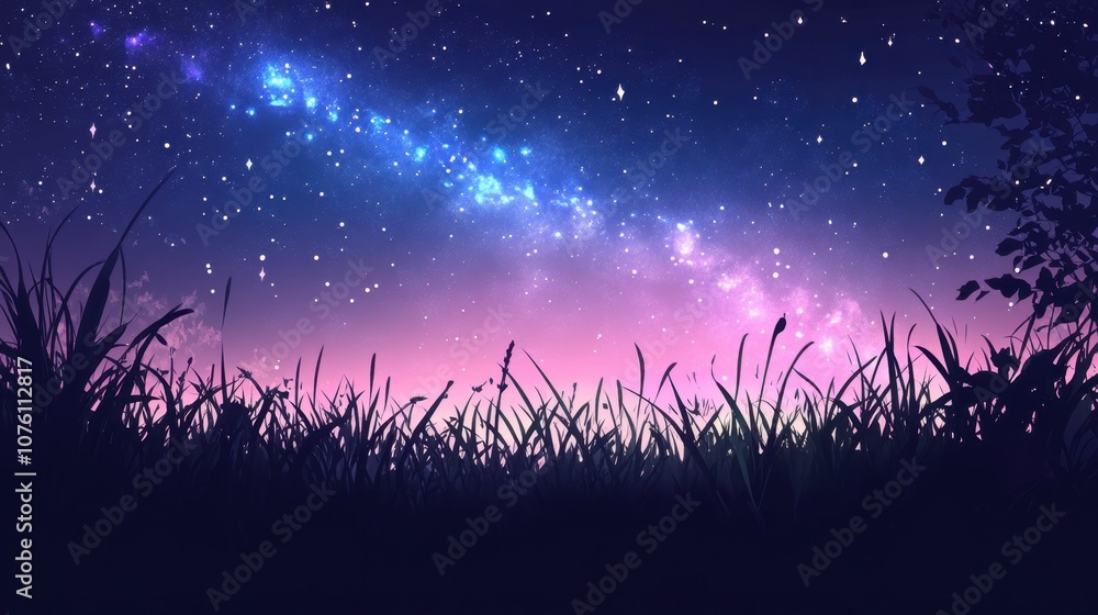 Fototapeta premium Night Sky with Stars and Silhouetted Grass