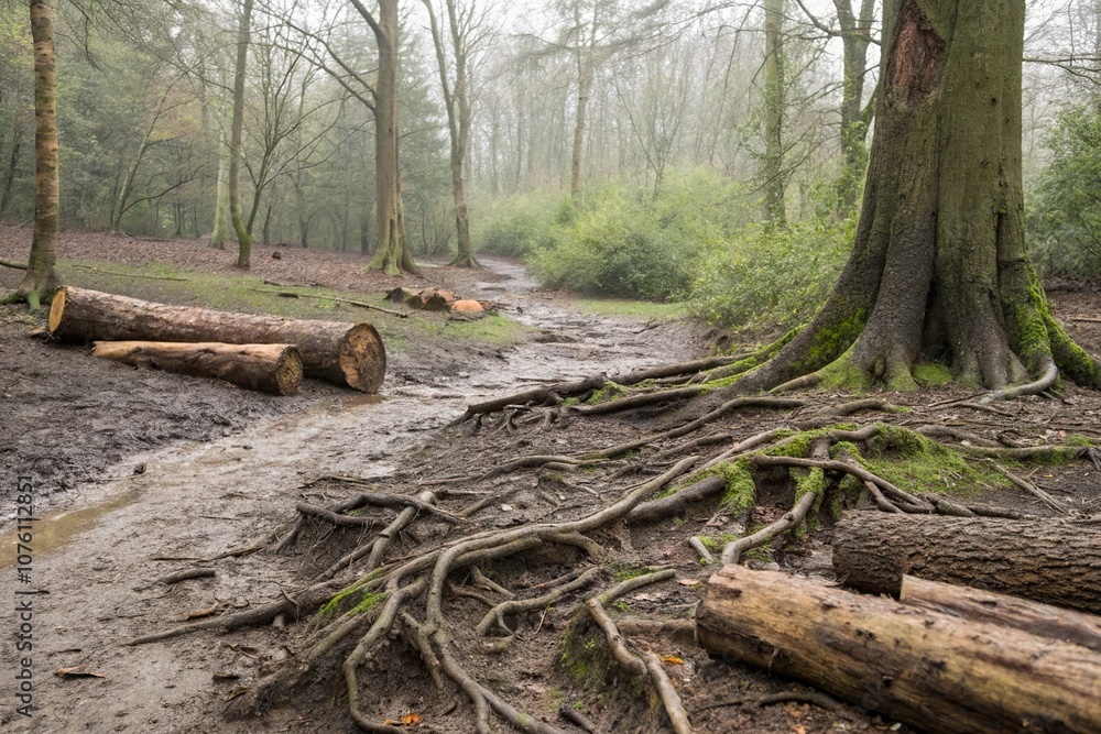 Muddy forest floor with exposed roots and fallen trees, landscape, ferns Muddy forest floor with exposed roots and fallen trees, landscape, ferns
