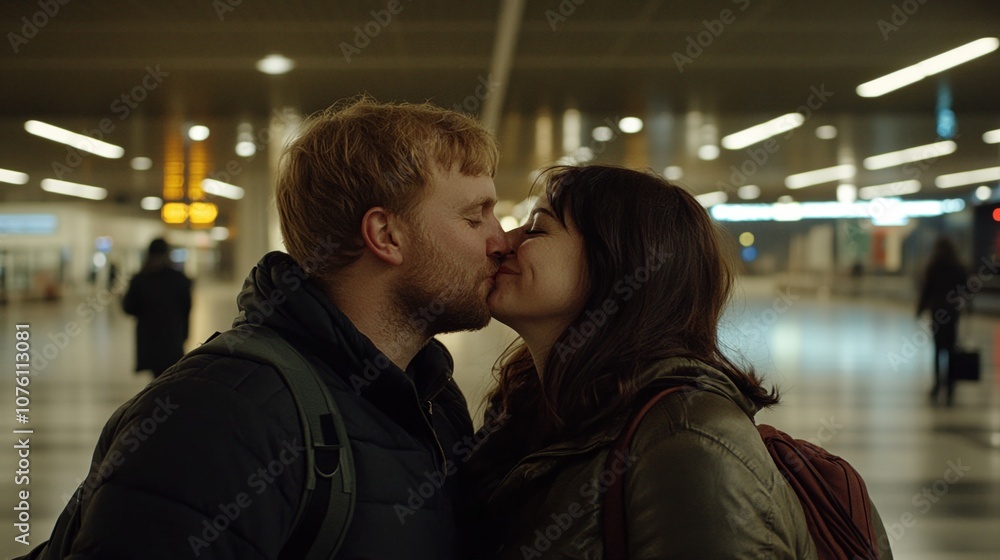 Couple Shares a Tender Kiss at a Bustling Train Station as They Prepare for Parting During the Evening Rush Hour, Showcasing Love in a Moment of Transition Couple Shares a Tender Kiss at a Bustling Train Station as They Prepare for Parting During the Evening Rush Hour, Showcasing Love in a Moment of Transition
