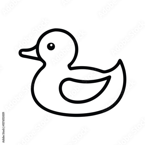 Rubber duck icon in black outline style, Vector illustration of a rubber duck toy shown in a simple black outline, representing a classic bath toy and playful design.
