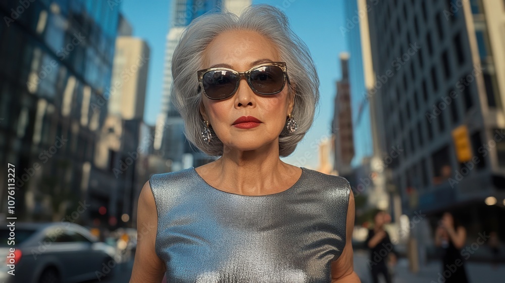 Stylish Elderly Woman Wearing Sunglasses Walks Confidently on a Busy City Street, Showcasing Her Unique Fashion Sense Against a Backdrop of Urban Skyscrapers During Daylight Stylish Elderly Woman Wearing Sunglasses Walks Confidently on a Busy City Street, Showcasing Her Unique Fashion Sense Against a Backdrop of Urban Skyscrapers During Daylight