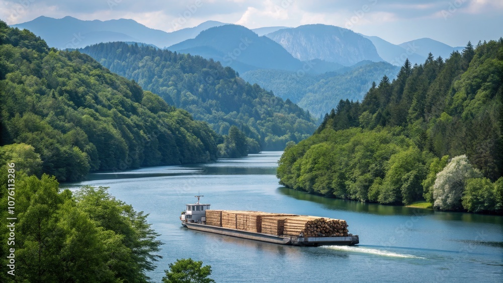 Naklejka premium Barge with Timber on Serene River Surrounded by Lush Forests and Mountains in Germany - Perfect for Design Use