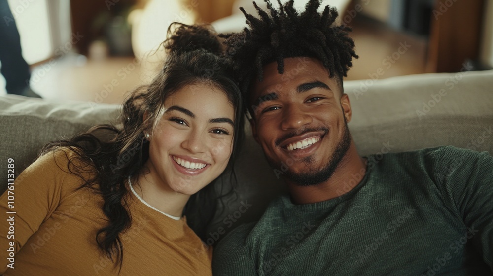 A Young Couple Smiles While Relaxing on a Couch in a Cozy Living Room, Enjoying Each Other\'s Company During a Sunny Afternoon at Home A Young Couple Smiles While Relaxing on a Couch in a Cozy Living Room, Enjoying Each Other\'s Company During a Sunny Afternoon at Home