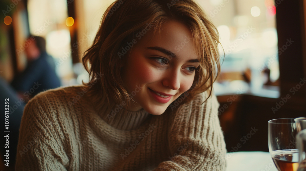 Young woman smiling warmly while seated in a cozy cafe during the afternoon Young woman smiling warmly while seated in a cozy cafe during the afternoon