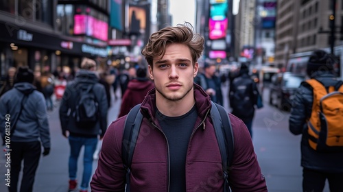 A Young Man Stands Confidently in the Bustling Streets of Times Square, New York City, Surrounded by a Crowd of Pedestrians Amidst Bright Advertisements During the Evening