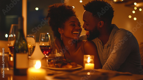 Romantic candlelit dinner for two in cozy setting with wine, food, and warm ambiance