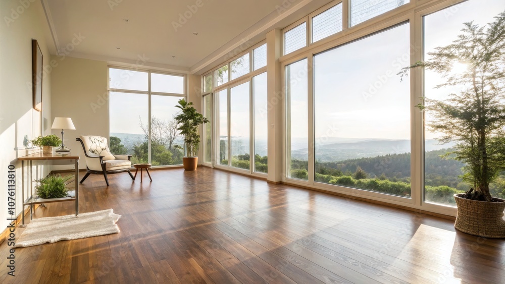 Fototapeta premium Bright and Airy Room with Large Window and Wooden Floor - Perfect for Interior Design Inspiration, Natural Light, Minimalist Decor, Cozy Atmosphere, and Home Styling Ideas