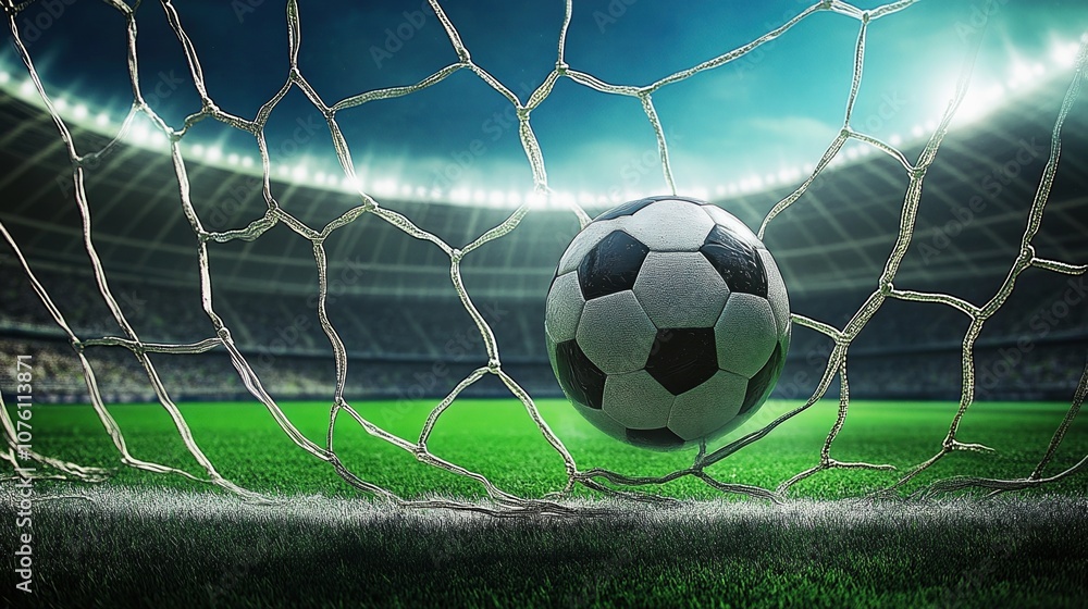 Naklejka premium A Soccer Ball Rests in the Net After Scoring a Goal During a Night Match in a Large Stadium Filled With Bright Lights