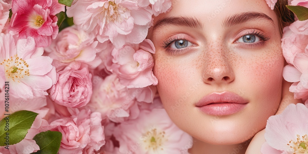 A Woman Surrounded by Pink Flowers With a Serene Expression, Highlighting Her Natural Beauty in a Soft, Floral Setting During Daylight A Woman Surrounded by Pink Flowers With a Serene Expression, Highlighting Her Natural Beauty in a Soft, Floral Setting During Daylight