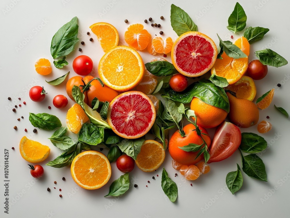 A Vibrant Top Down View of Colorful Fresh Fruits and Vegetables Including Oranges, Tomatoes, and Basil Leaves on a Neutral Background A Vibrant Top Down View of Colorful Fresh Fruits and Vegetables Including Oranges, Tomatoes, and Basil Leaves on a Neutral Background