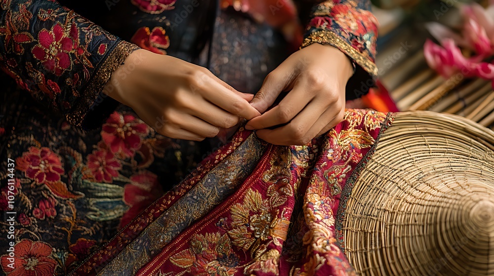 Fototapeta premium A close-up shot of a woman’s hands adjusting the silk sash of her Ao Tu Than dress, the intricate patterns and texture of the fabric captured in high detail,