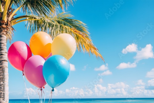 Vintage wooden floor with heart balloon on beach blue sky concept of love in summer and wedding honeymoon photo