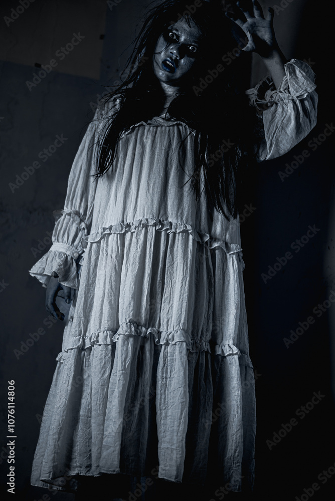 portrait female ghost with a face full of hatred and horror wearing a white dress in a haunted room portrait female ghost with a face full of hatred and horror wearing a white dress in a haunted room