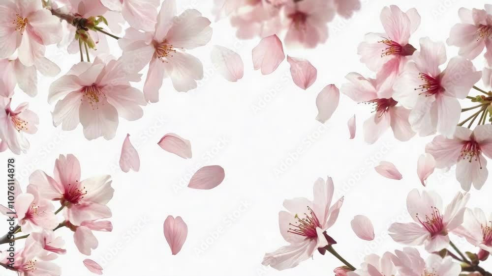 Delicate frame pink cherry blossoms falling panorama spring flower on white background 4k video Delicate frame pink cherry blossoms falling panorama spring flower on white background 4k video