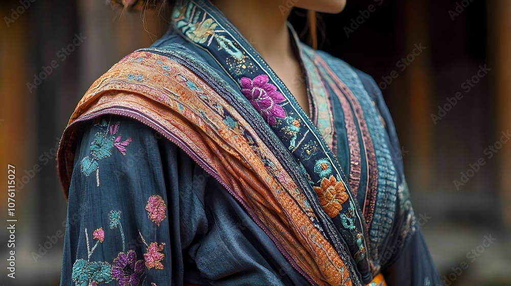 Obraz premium A close-up view of the Ao Tu Than dress, showcasing the intricate stitching and vibrant fabric, the silk sash tied elegantly at the waist, with the Non Quai Thao resting on the woman’s shoulder,