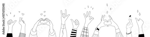 Doodle sketch hands up gestures comic icons silhouettes vector set. Group of line art fun comic hands in the air. Voting or happy congratulation audience recognition symbols.