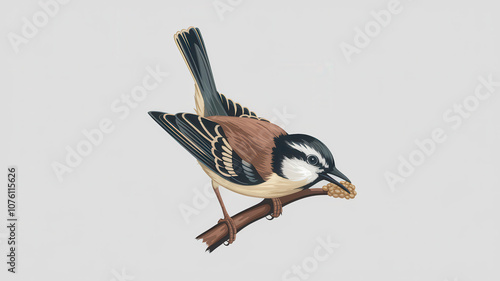 detailed illustration of bird perched on branch, feeding on seeds photo