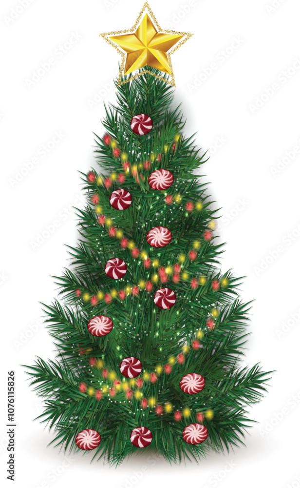 Obraz premium This Vector Christmas Tree illustration provides a beautifully realistic and high-quality depiction of a holiday tree, perfect for seasonal designs and decorations. Easy editable to EPS10 file.
