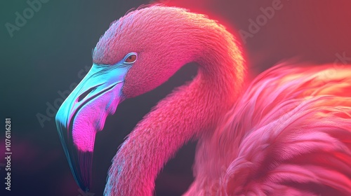 A vibrant flamingo with colorful plumage against a soft, glowing background.