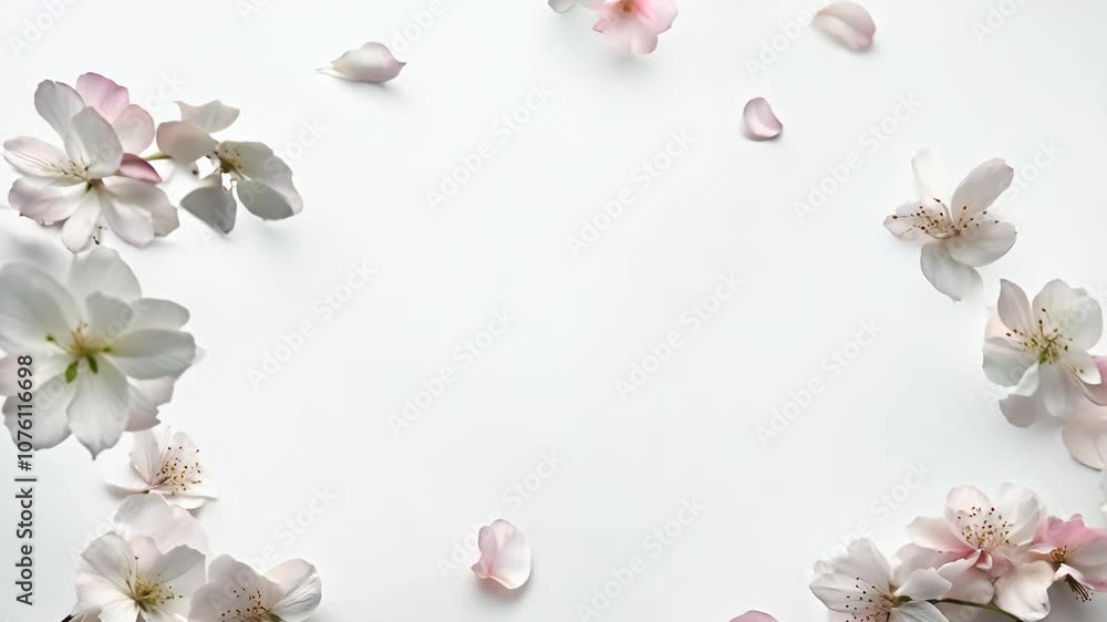 Delicate frame white cherry blossoms falling panorama spring flower on white background 4k video Delicate frame white cherry blossoms falling panorama spring flower on white background 4k video