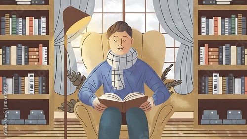 An illustration of an individual sitting in a comfy chair with a book in hand, surrounded by bookshelves and a warm reading light. photo