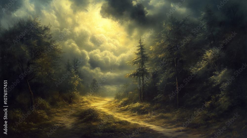 Naklejka premium A bright light breaking through dark clouds illuminating a narrow path in the forest