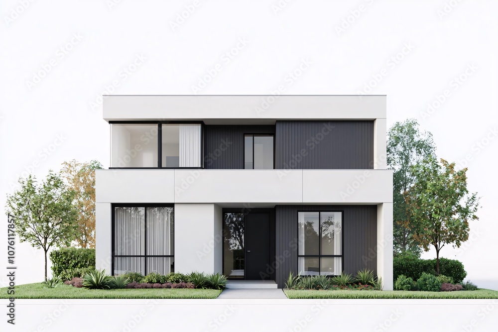Modern architectural home design showcasing sleek lines and minimalistic style surrounded by lush greenery. Modern architectural home design showcasing sleek lines and minimalistic style surrounded by lush greenery.