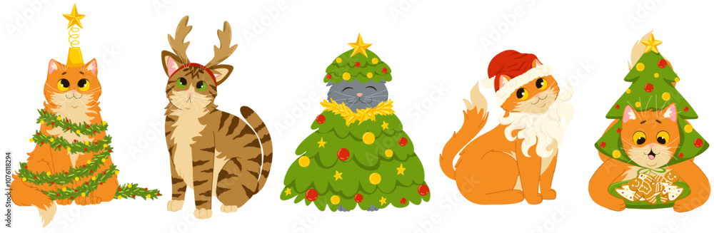 Merry Christmas set of cats celebrating New Year holidays. Vector cartoon illustrations of cute pets wearing funny costumes. Isolated prints for stickers and decor Merry Christmas set of cats celebrating New Year holidays. Vector cartoon illustrations of cute pets wearing funny costumes. Isolated prints for stickers and decor