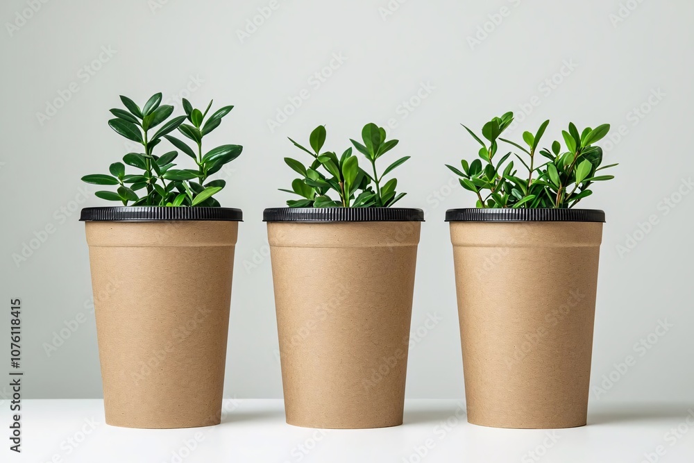 Three potted plants in eco-friendly containers, showcasing vibrant green leaves against a minimalist backdrop. Three potted plants in eco-friendly containers, showcasing vibrant green leaves against a minimalist backdrop.