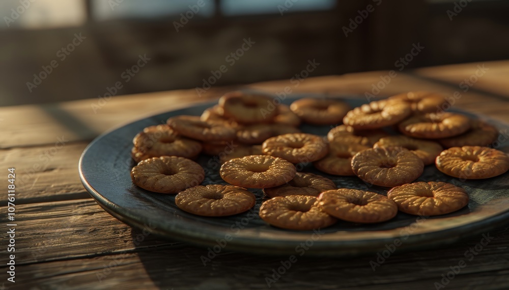 A plate of round cookies on a wooden table. A plate of round cookies on a wooden table.