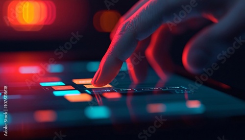 A close-up of a hand interacting with a modern touchscreen device, highlighting vibrant lights and controls. photo