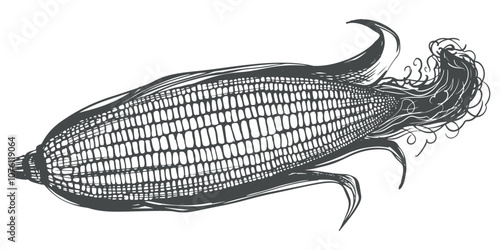 Vector illustration of corn cob with leaves. Old drawing in retro engraving style. Hand drawn realistic ink sketch. Popcorn line drawing for packaging of organic food, farm products, baking and syrup.