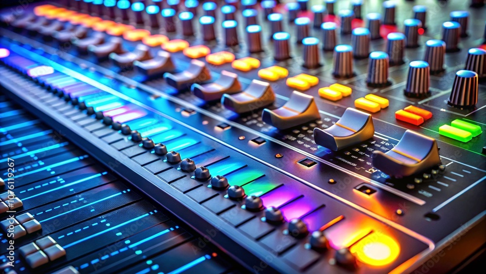 A stylized image of a podcast control panel with audio levels for music tracks, showing dynamic beat adjustments for different moods A stylized image of a podcast control panel with audio levels for music tracks, showing dynamic beat adjustments for different moods