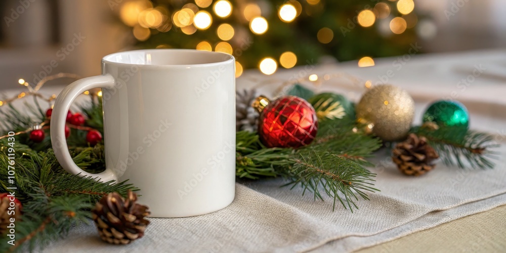 Festive Macro Photography of a Blank Ceramic Mug Surrounded by Ornaments and Greenery for Holiday Celebrations Festive Macro Photography of a Blank Ceramic Mug Surrounded by Ornaments and Greenery for Holiday Celebrations