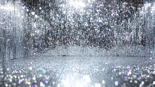 A glittering silver sequin background, sparkling light reflections, glamorous and festive