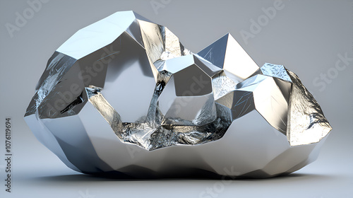 Abstract Metallic Sculpture of Geometric Shapes with Reflective Surfaces and Textured Mineral Rock Formation