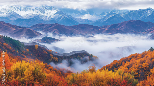 Beautiful autumn mountain landscape with colorful foliage in the Great Wall of , panoramic view from perspective. by clouds and mist at sunrise. Landscape