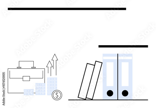 Business briefcase with growth chart and dollar coin represents financial progress. Office files on a shelf symbolize organization and documentation. Ideal for business planning, financial success photo