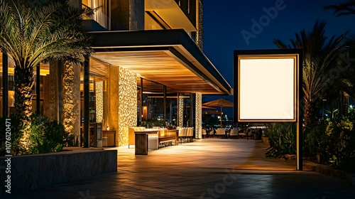 A modern building entrance at night with illuminated signage and lush greenery.