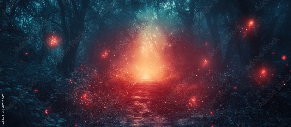 Fototapeta premium A mystical path through a dark forest with glowing fireflies and a bright light at the end.