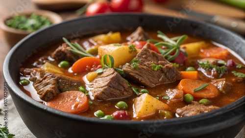 Hearty Lunch Stews with Tender Meats and Robust Flavors in Macro Photography - Deep Focus on Rich Ingredients and Textures