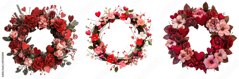 Elegant Valentine’s wreath with red and pink flowers and hearts isolated on a transparent background Elegant Valentine’s wreath with red and pink flowers and hearts isolated on a transparent background