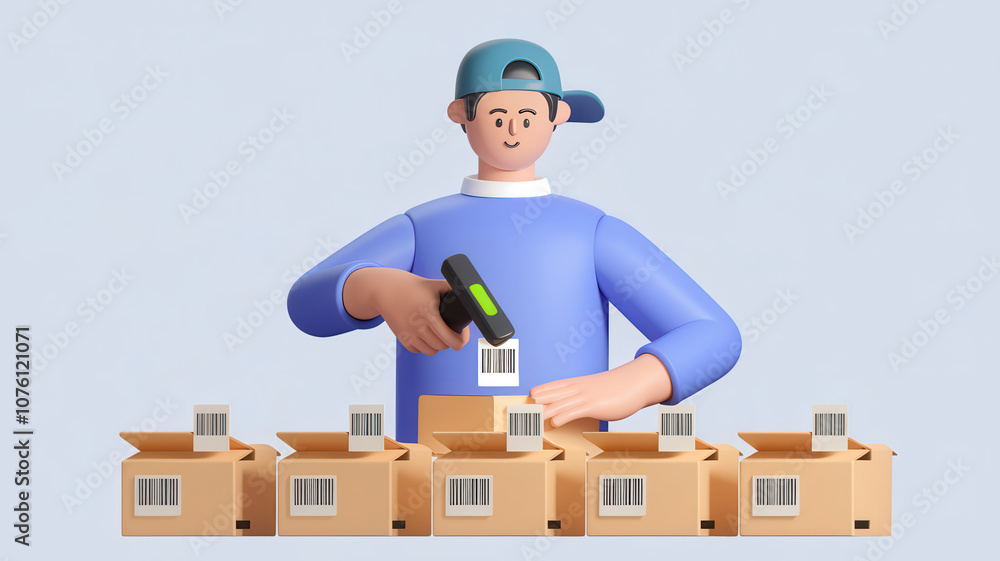 3D illustration of man scanning barcodes on cardboard boxes, showcasing efficiency and 3D illustration of man scanning barcodes on cardboard boxes, showcasing efficiency and