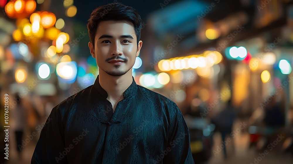 Fototapeta premium A young Vietnamese man in a modernized black Ao Dai, standing confidently against a backdrop of bustling city streets, blending traditional and contemporary aesthetics,