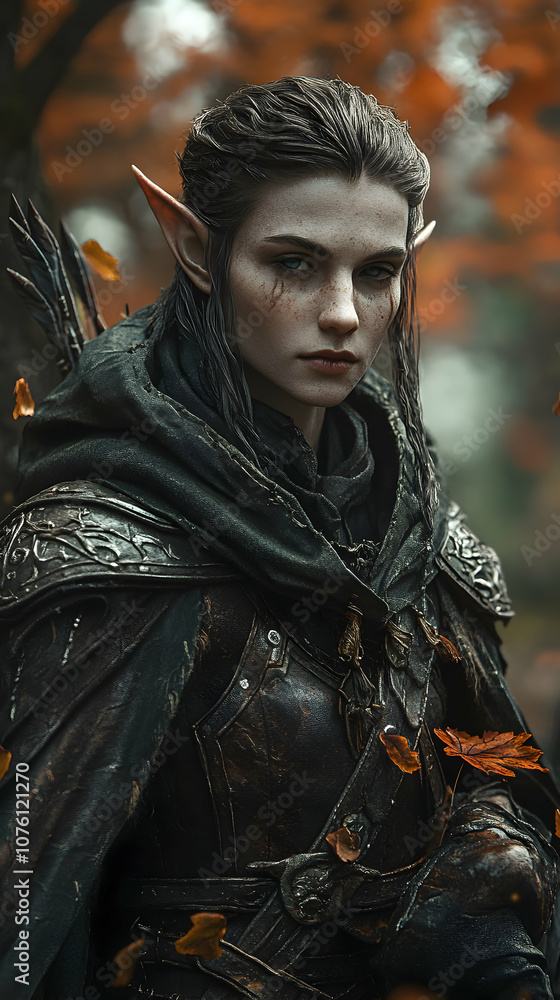 A Realistic Female Elf Warrior with Elven Ears, Dressed in Dark Leather Armor and a Hood, Standing in an Autumn Forest with Fallen Leaves A Realistic Female Elf Warrior with Elven Ears, Dressed in Dark Leather Armor and a Hood, Standing in an Autumn Forest with Fallen Leaves