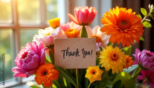 Thank you sign surrounded by blooming flowers in a vase with sunlight
